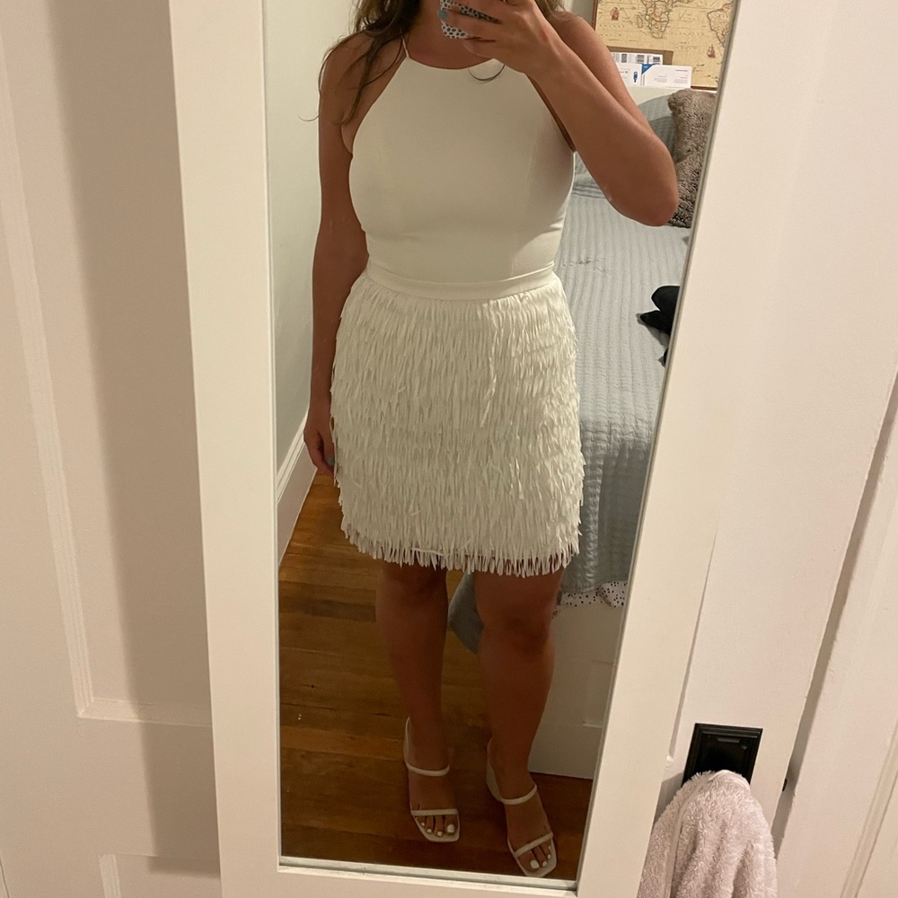 Aidan Mattox white fringe cocktail dress, BHLDN
